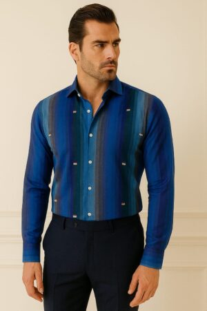 Men's Luxury Vertical Stripe Dress Shirt – Blue Gradient